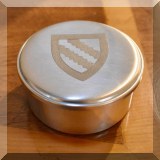 S18. Woodbury Pewter trinket box with shield on top. 3.5”w - $14 